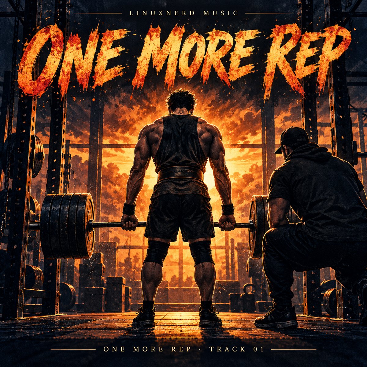 One More Rep artwork showing a lifter and trainer in a fire-lit gym