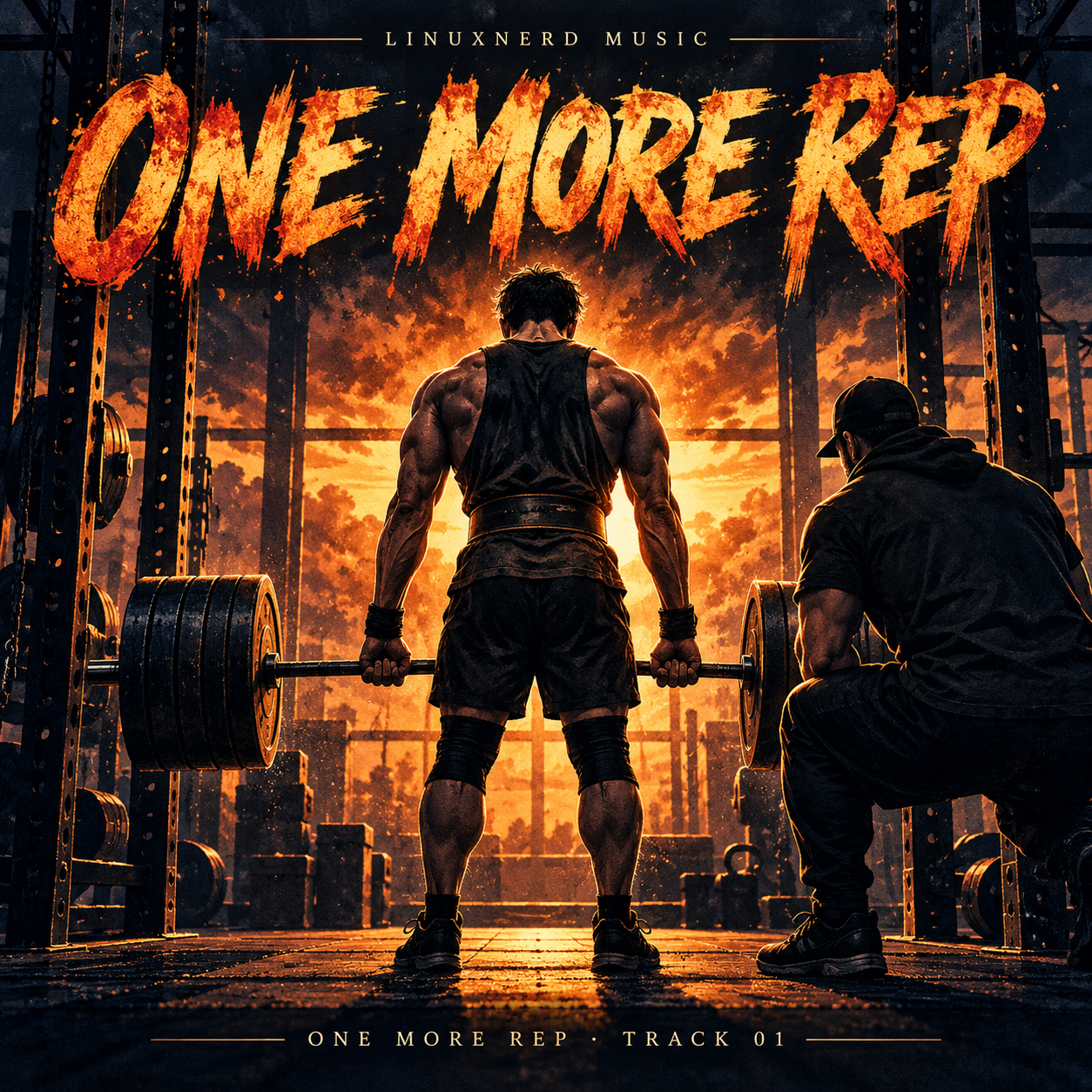 One More Rep artwork showing a lifter and trainer in a fire-lit gym