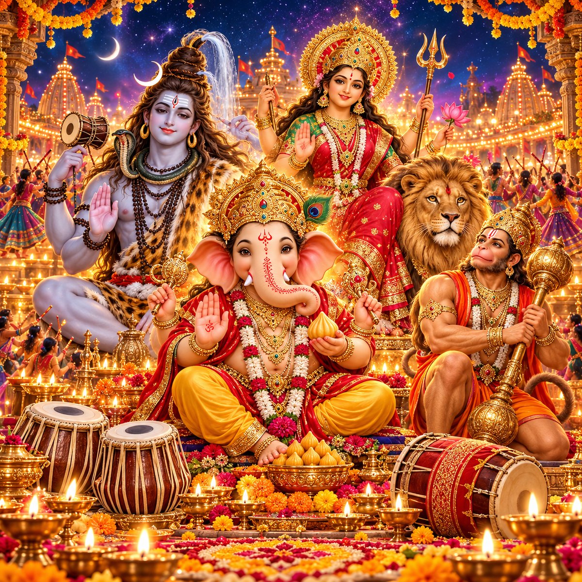 Sab Dev Padhare devotional artwork with a gathering of Hindu deities