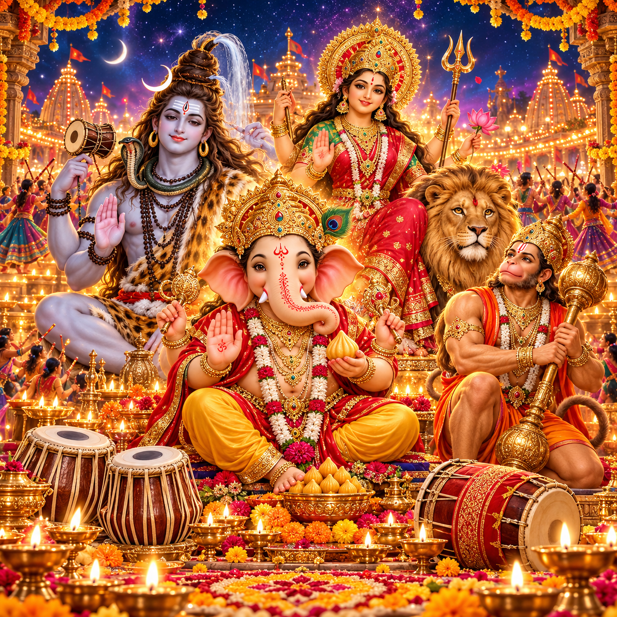 Sab Dev Padhare devotional artwork with a gathering of Hindu deities